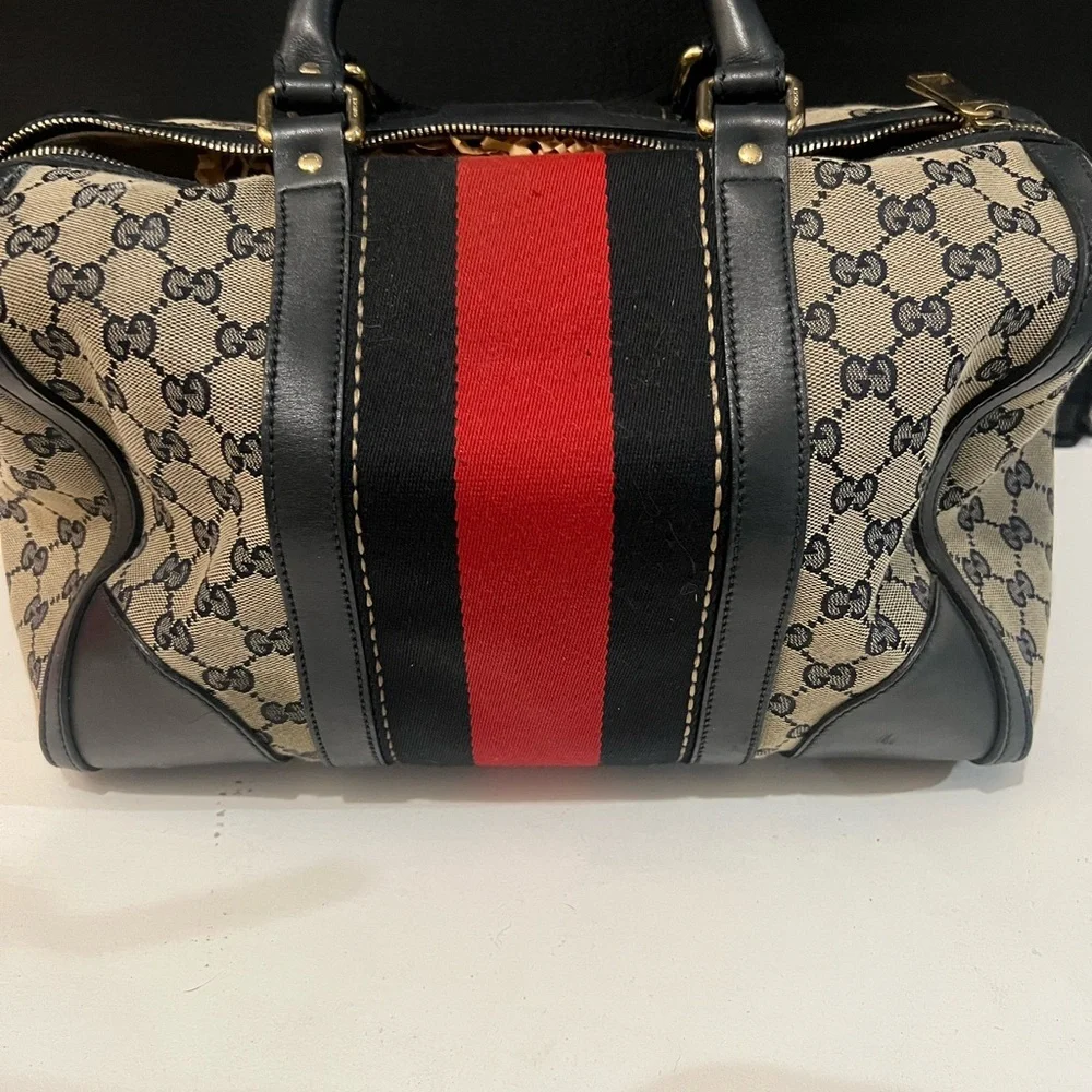 Gucci Beige GG Canvas Satchel with Red and Navy Web and Gold Bee - Picture 3 of 10